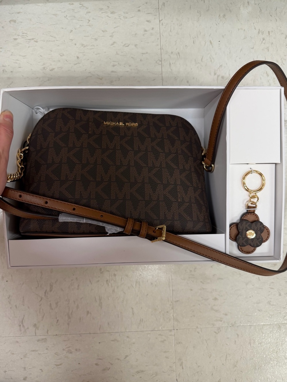Michael Kors Cindy Large Dome Crossbody Bag with Key Fob Brown Signature NWT